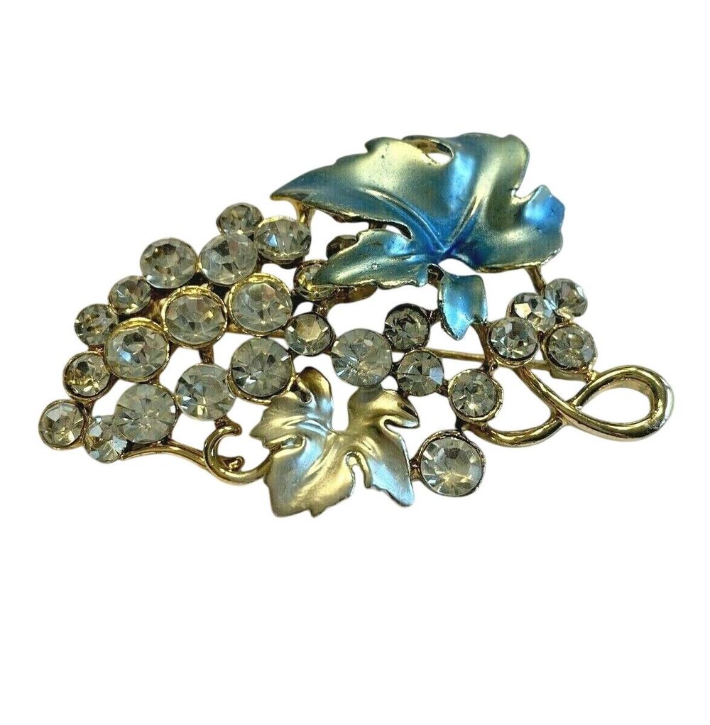 Vintage inspired brooch charming rose gold tone blue leaf & rhinestones clusters